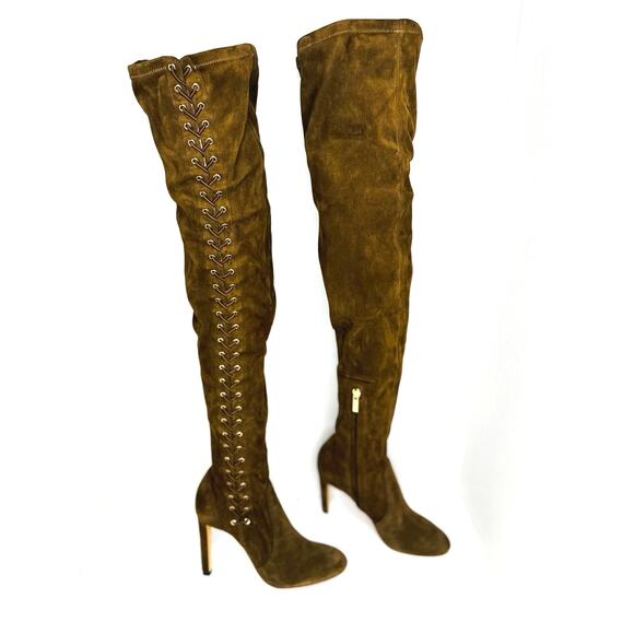 Jimmy Choo Marie 100 Brown Suede Over-the-Knee Sock Boot EU 36 High Heel Lace-Up - Picture 12 of 14